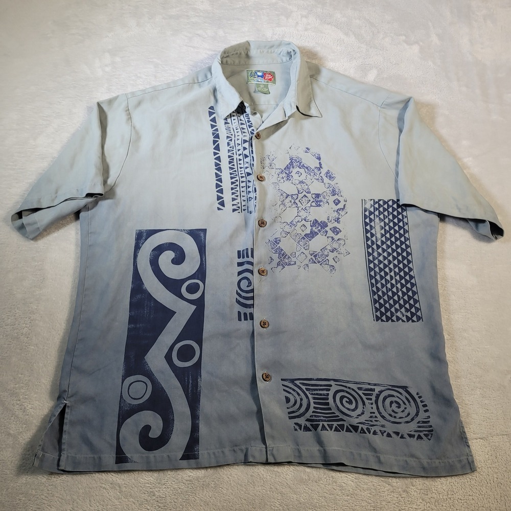Hilo Hattie Shirt Mens XL Blue Tribal Block Print Silk Hawaiian Camp Button Down